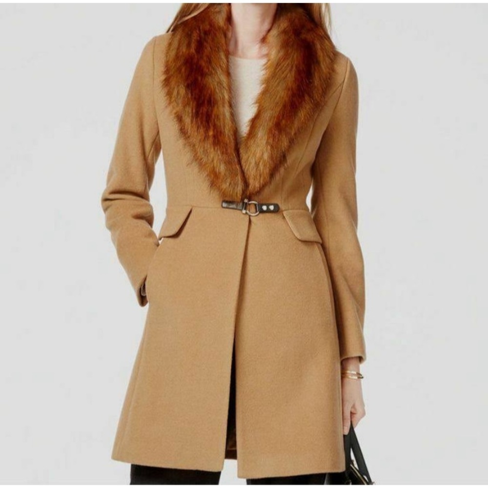 $429 Ivanka Trump Camel Women's Faux-Fur Trim Shawl Collar Coat Jacket Size 8